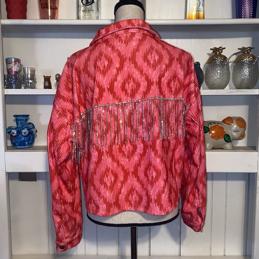 Savanna Jane Pink Corduroy Rhinestone Fringe Jacket Small New $76